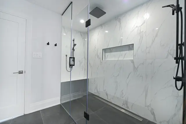 Modern bathroom with a glass-enclosed shower