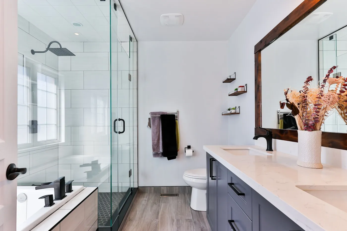 Modern bathroom with walk-in shower and vanity